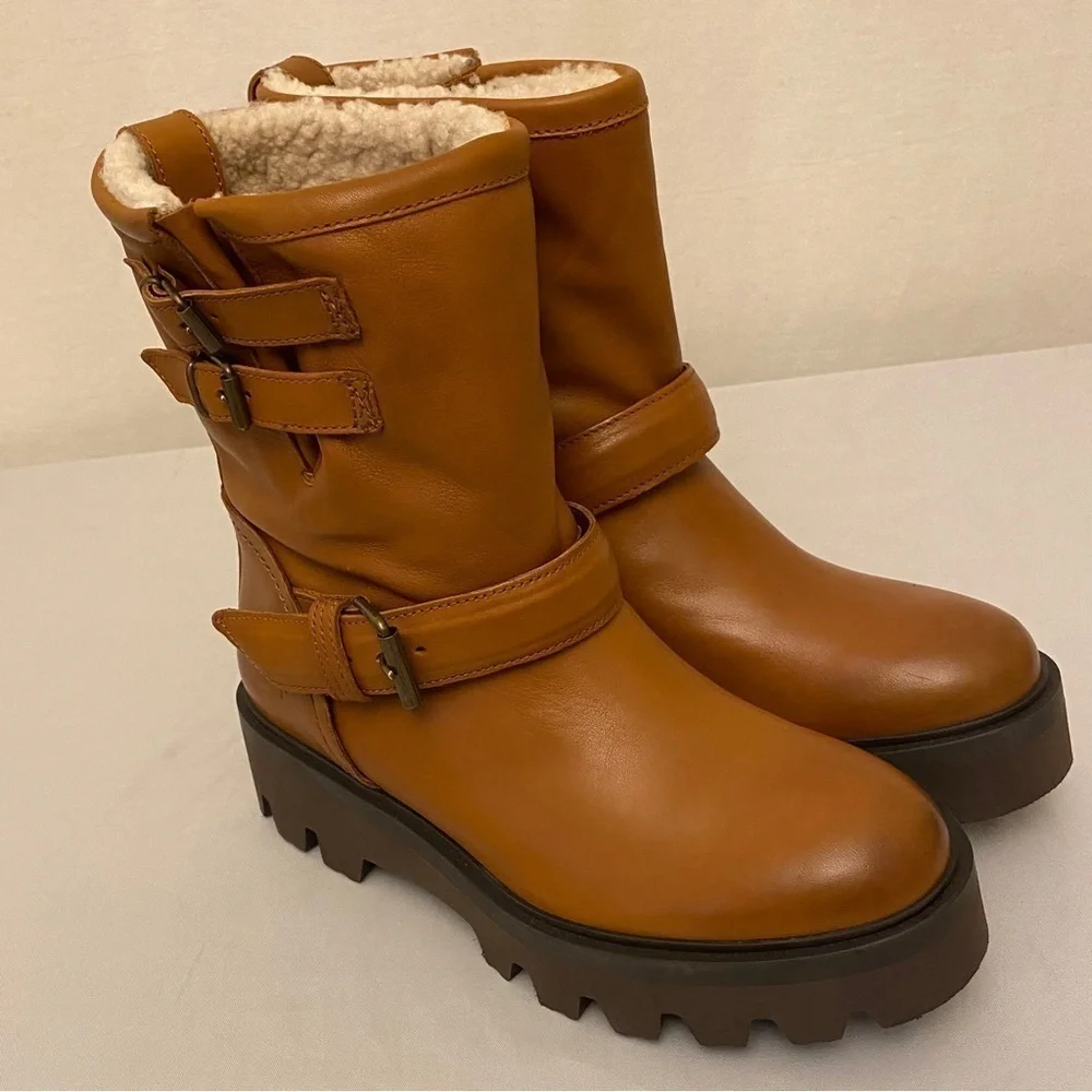 Ross & Snow Lucky Waterproof Cognac Leather Moto Ankle Boots Womens Size 6 Brown